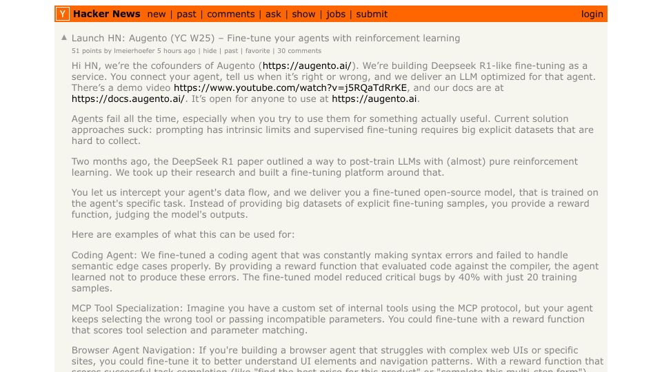 Screenshot of Hacker News post: Launch HN: Augento (YC W25) – Fine-tune your agents with reinforcement learning