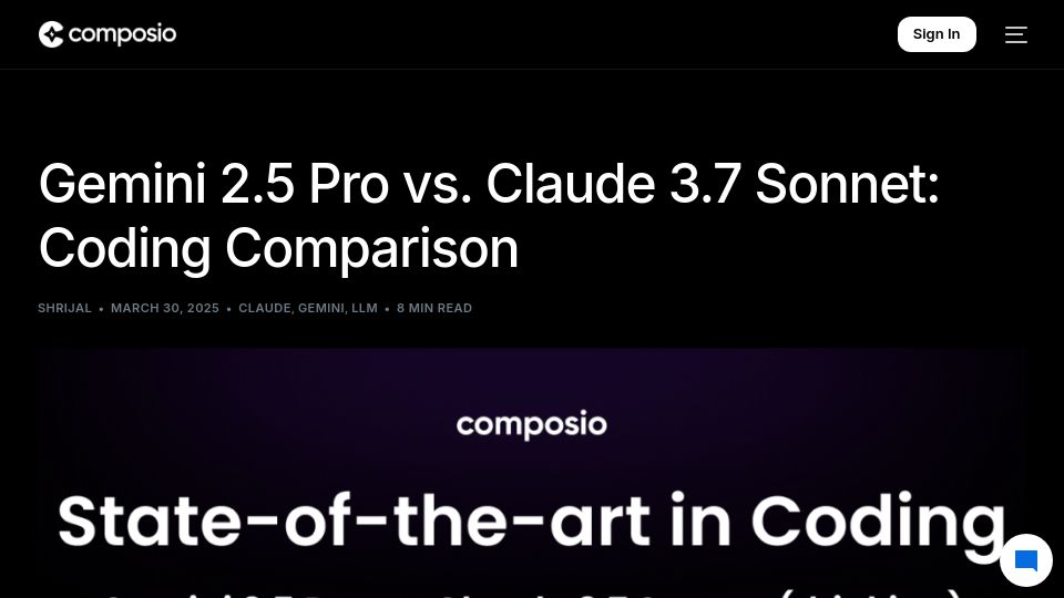 Screenshot of composio.dev: Gemini 2.5 Pro vs. Claude 3.7 Sonnet: Coding Comparison