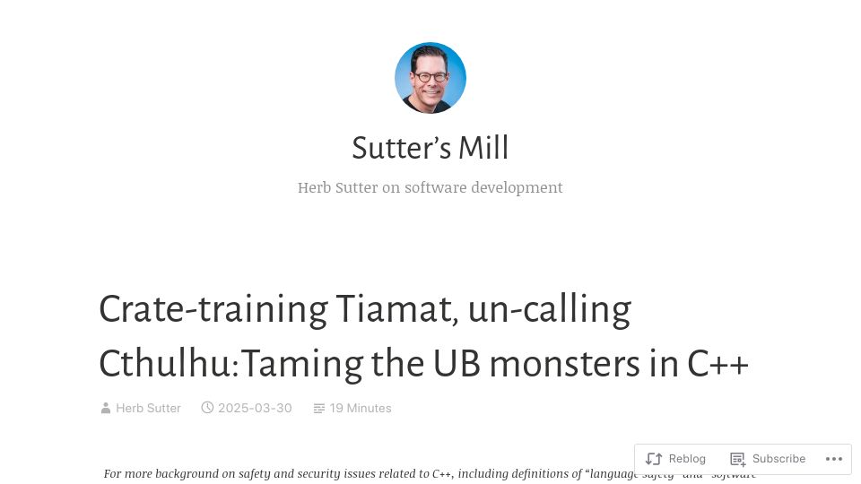 Screenshot of herbsutter.com: Taming the UB Monsters in C++