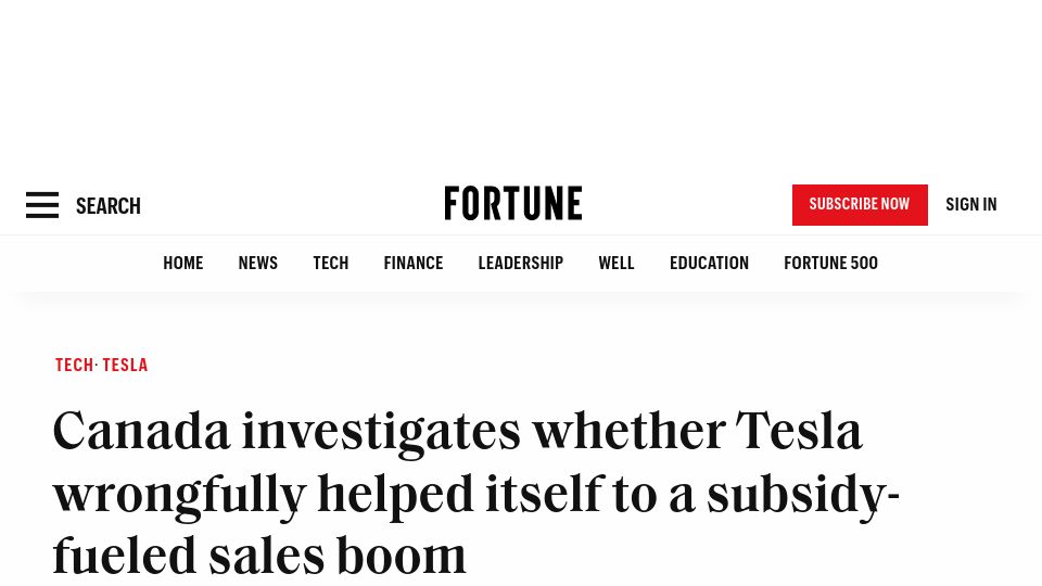 Screenshot of fortune.com: Canada investigates whether Tesla helped itself to a subsidy-fueled sales boom