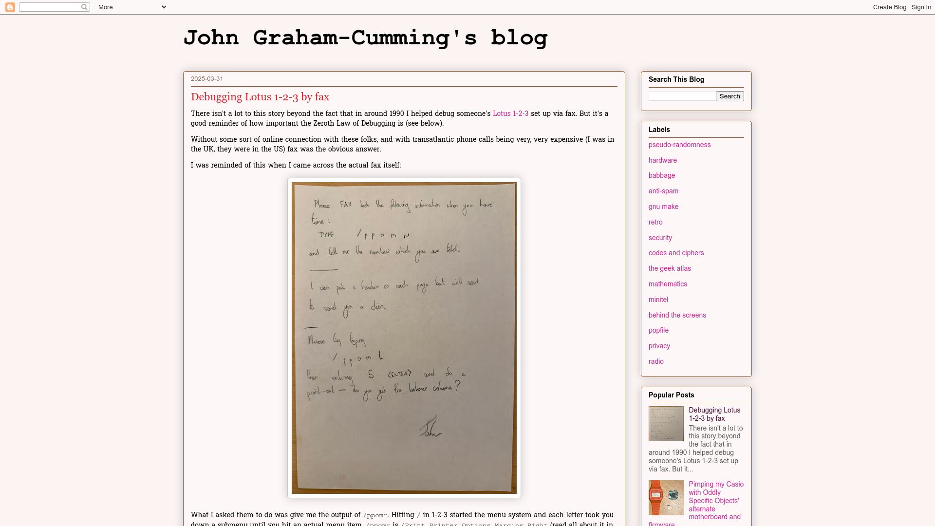 Screenshot of blog.jgc.org: Debugging Lotus 1-2-3 by fax