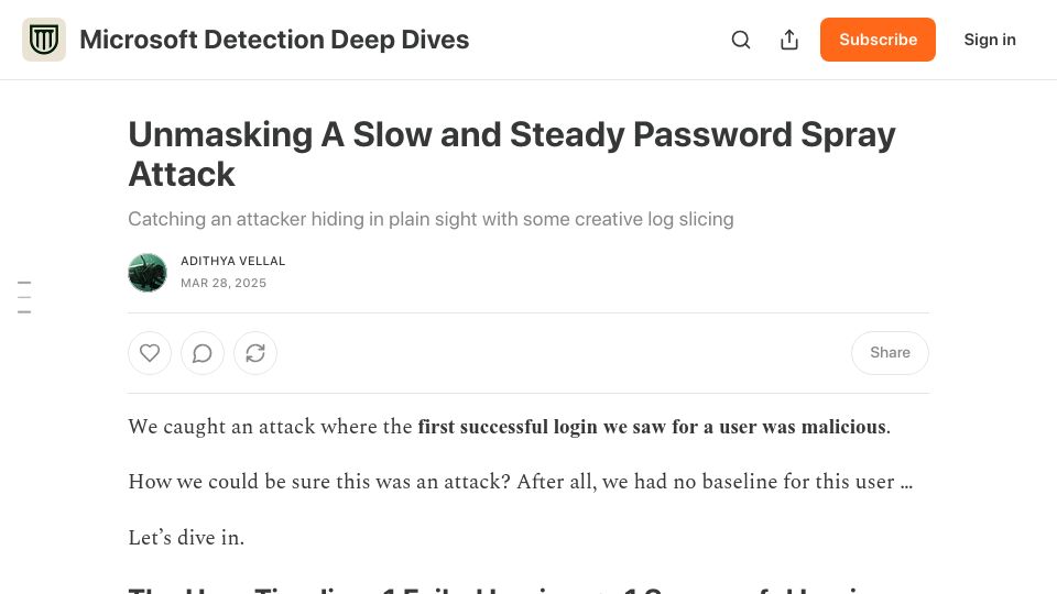 Screenshot of petrasecurity.substack.com: Unmasking a slow and steady password spray attack