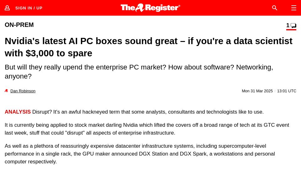 Screenshot of theregister.com: Nvidia's latest AI PC boxes sound great – for data scientists with $3k to spare