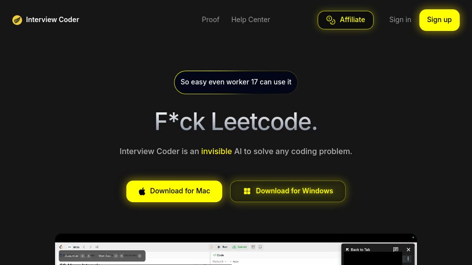 Screenshot of interviewcoder.co: Show HN: Interview Coder is an invisible AI to solve any coding problem