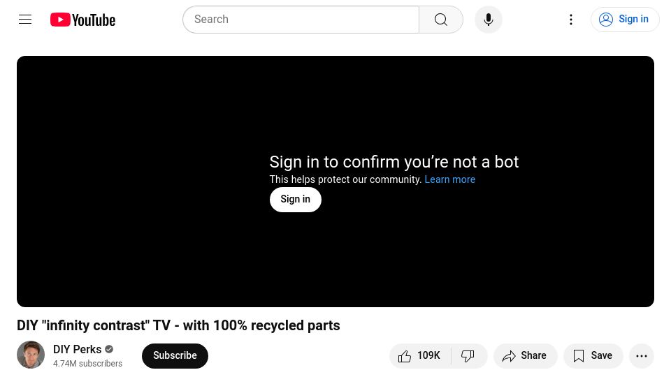 Screenshot of youtube.com: DIY "infinity contrast" TV – with 100% recycled parts [video]