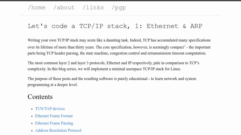 Screenshot of saminiir.com: Let’s code a TCP/IP stack, 1: Ethernet and ARP (2016)
