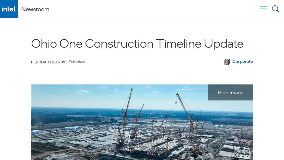 Screenshot of newsroom.intel.com: Ohio One Construction Timeline Update