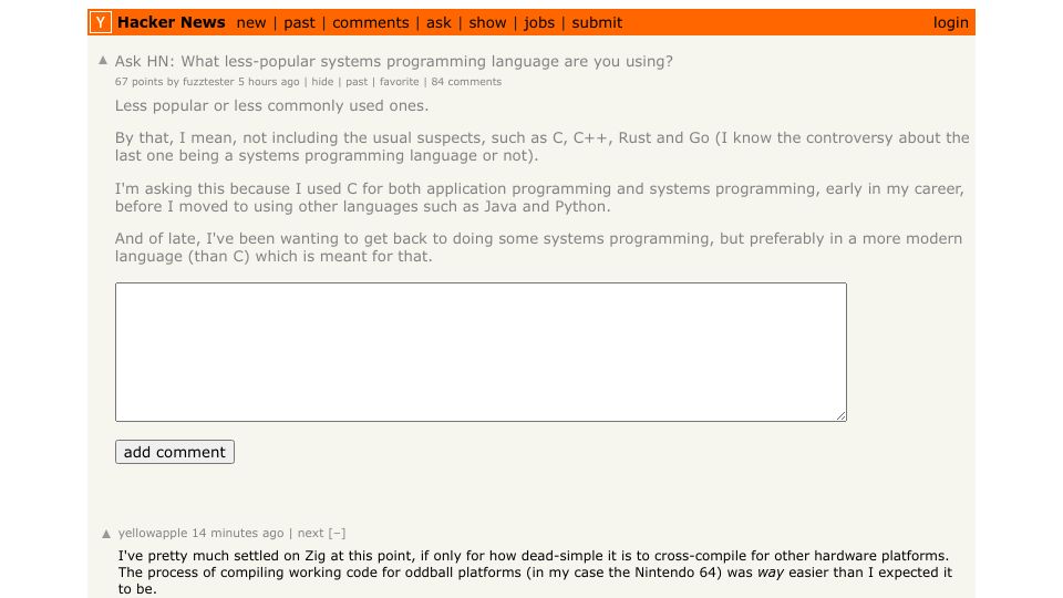 Screenshot of Hacker News post: Ask HN: What less-popular systems programming language are you using?
