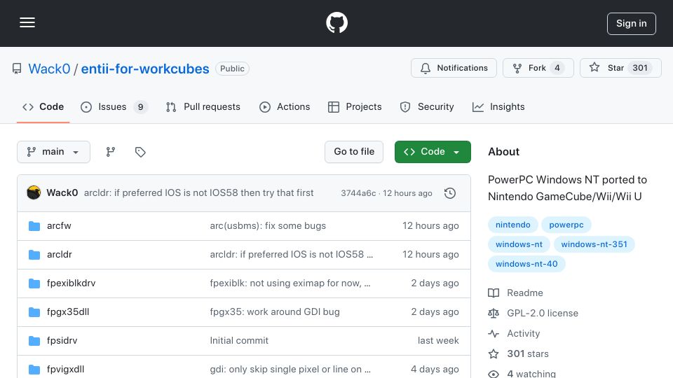 Screenshot of github.com: Windows NT for GameCube/Wii