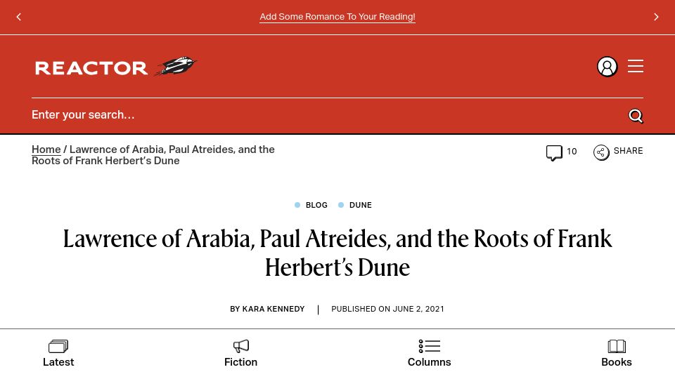 Screenshot of reactormag.com: Lawrence of Arabia, Paul Atreides, and the roots of Frank Herbert's Dune (2021)