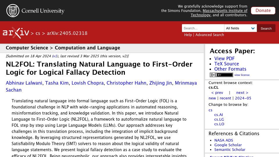 Screenshot of arxiv.org: Translating natural language to first-order logic for logical fallacy detection