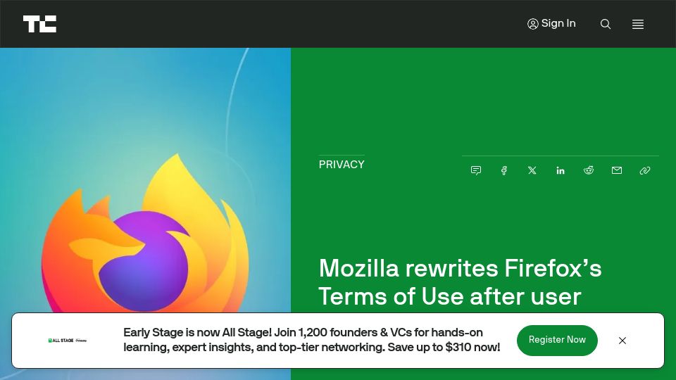 Screenshot of techcrunch.com: Mozilla rewrites Firefox's Terms of Use after user backlash