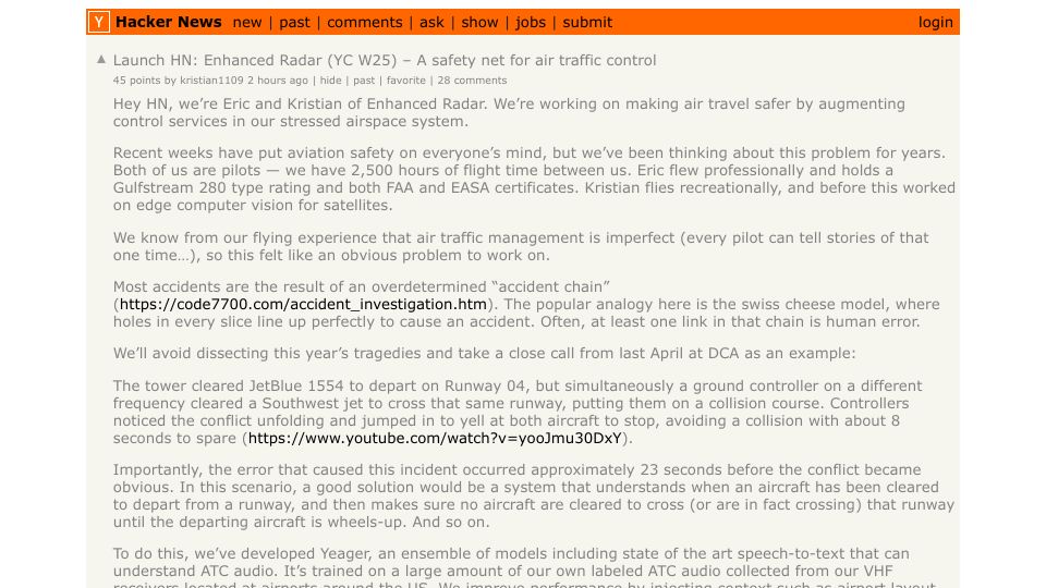 Screenshot of Hacker News post: Launch HN: Enhanced Radar (YC W25) – A safety net for air traffic control