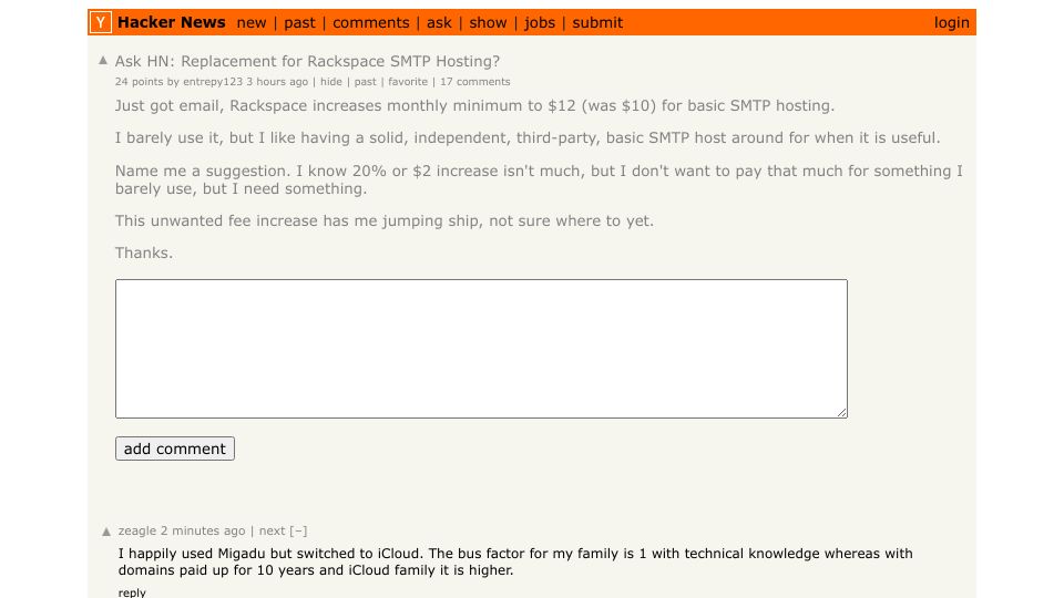 Screenshot of Hacker News post: Ask HN: Replacement for Rackspace SMTP Hosting?