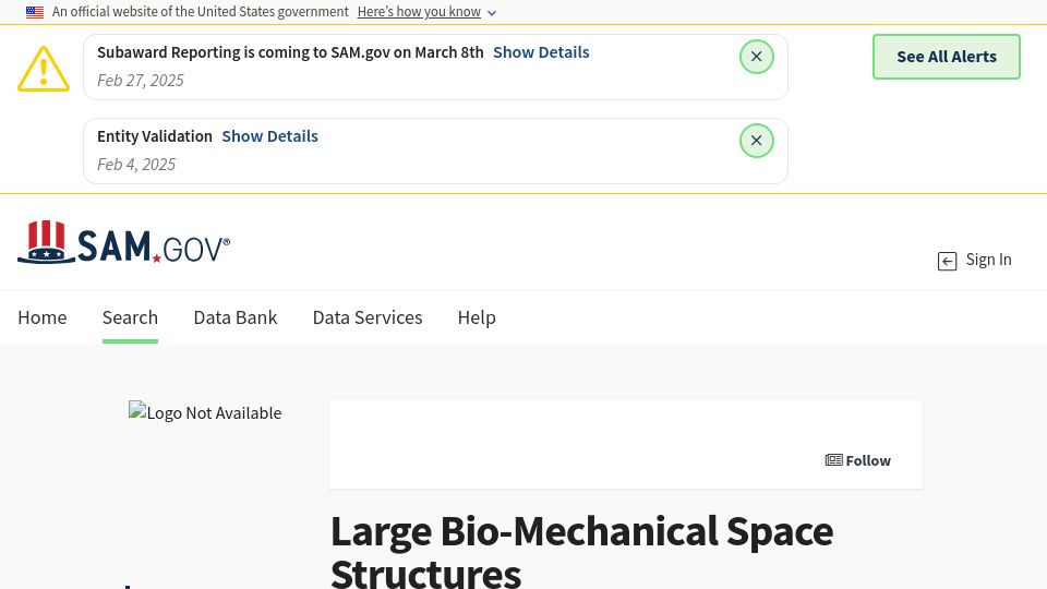 Screenshot of sam.gov: DARPA exploring growing bio structures of "unprecedented size" in microgravity