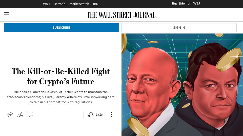 Screenshot of wsj.com: Tether and Circle are battling to win the US stablecoin market
