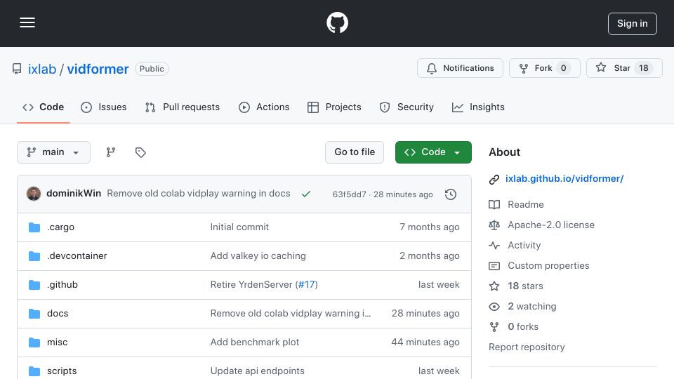 Screenshot of github.com: Show HN: Vidformer – Drop-In Acceleration for Cv2 Video Annotation Scripts
