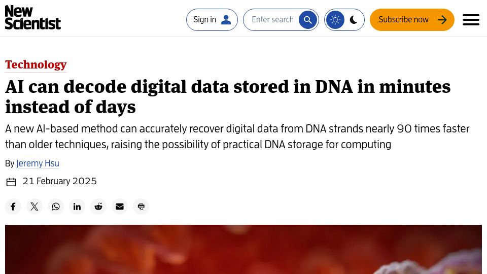 Screenshot of newscientist.com: AI can decode digital data stored in DNA in minutes instead of days