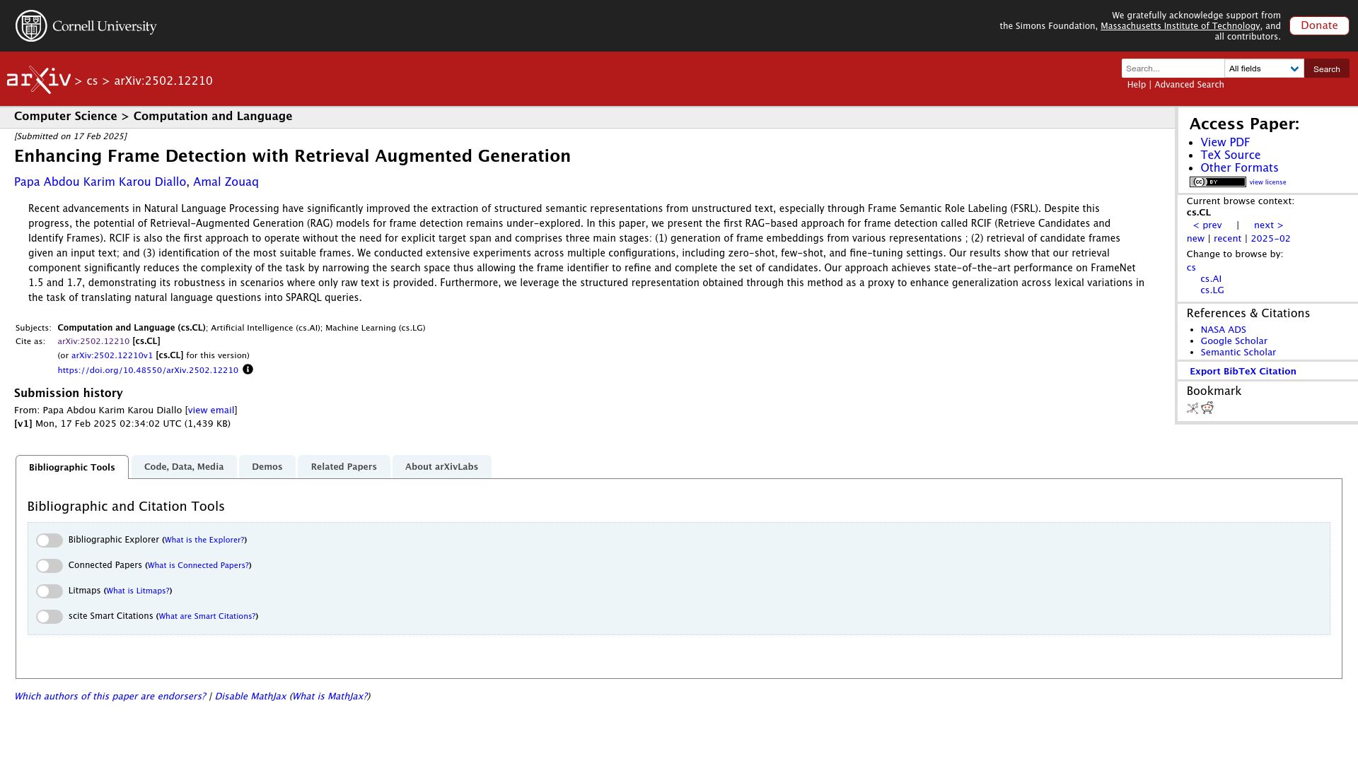 Screenshot of arxiv.org: Enhancing Frame Detection with Retrieval Augmented Generation