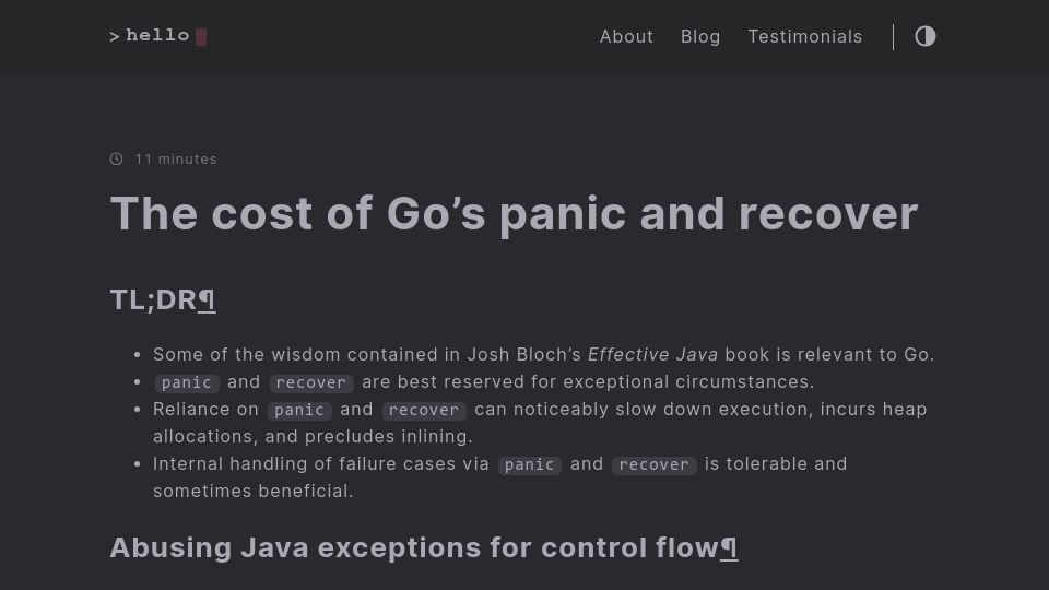 Screenshot of jub0bs.com: The cost of Go's panic and recover