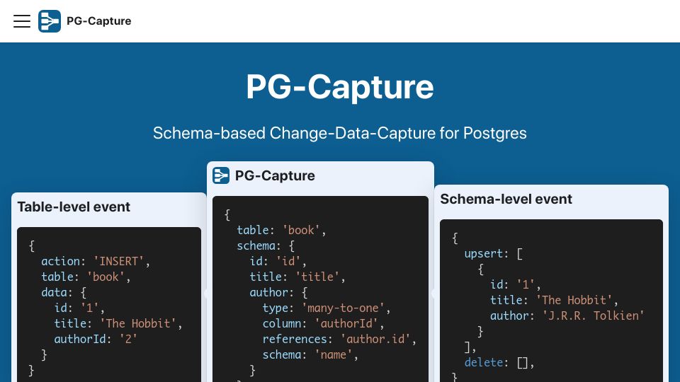Screenshot of pg-capture.onrender.com: Show HN: PG-Capture – a better way to sync Postgres with Algolia (or Elastic)