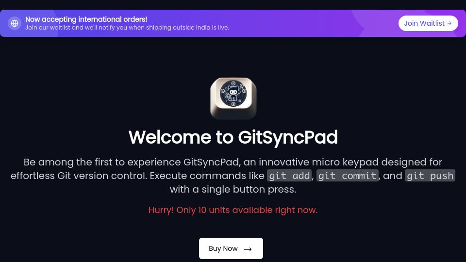 Screenshot of gitsyncpad.xyz: Micro keypad to do your regular Git push/pull/add/commit actions