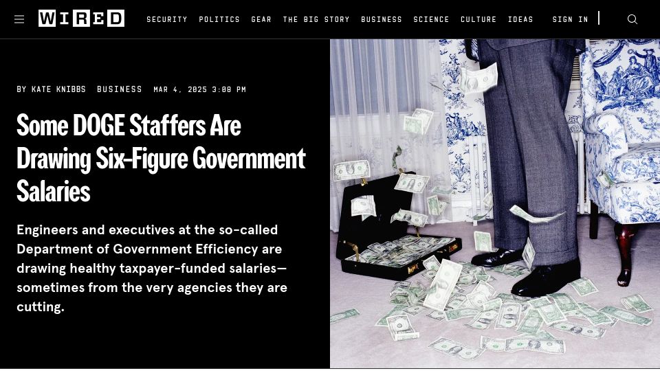 Screenshot of wired.com: Some D0g3 Staffers Are Drawing Six-Figure Government Salaries