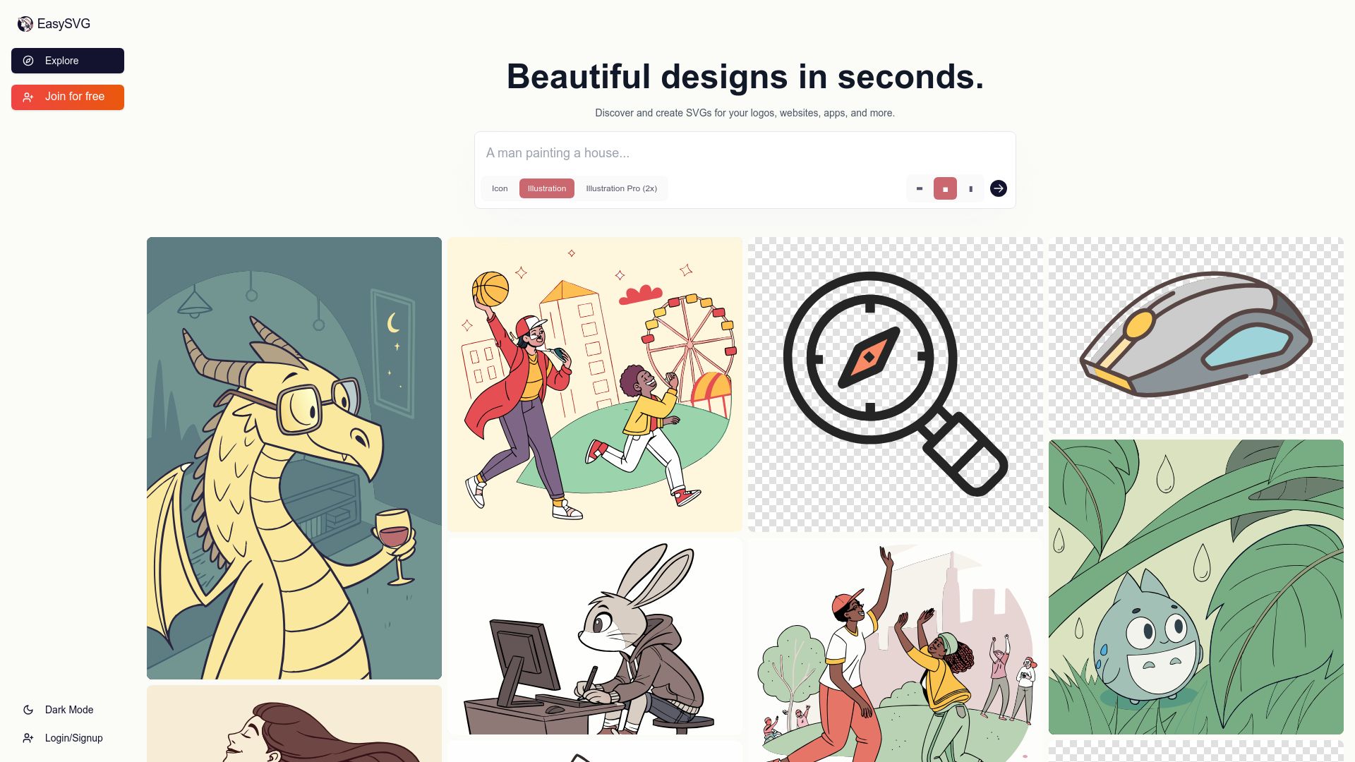 Screenshot of easysvg.ai: I created an MVP for an AI SVG maker in a week! Check it out!