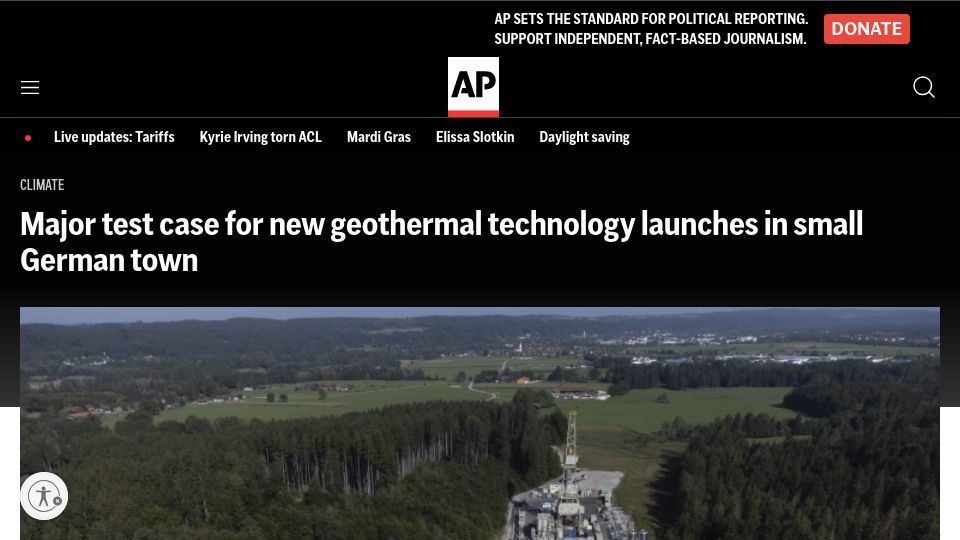 Screenshot of apnews.com: Small German town starts testing geothermal power utilizing new techniques