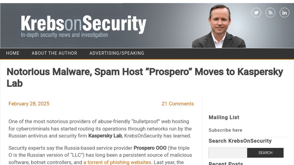 Screenshot of krebsonsecurity.com: Notorious Malware, Spam Host "Prospero" Moves to Kaspersky Lab