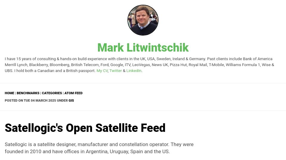Screenshot of tech.marksblogg.com: Satellogic's Open Satellite Feed