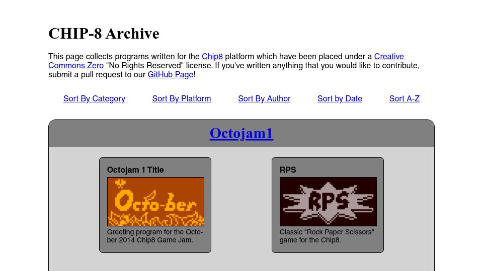 Screenshot of johnearnest.github.io: Chip-8 Archive
