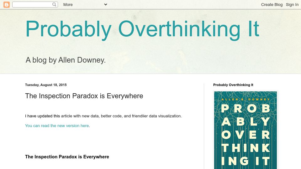 Screenshot of allendowney.blogspot.com: The inspection paradox is everywhere (2015)
