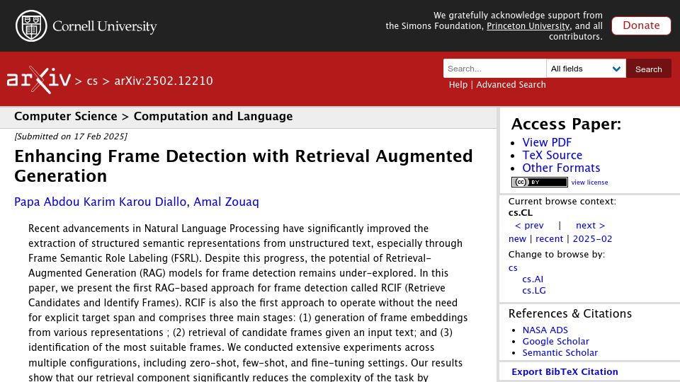 Screenshot of arxiv.org: Enhancing Frame Detection with Retrieval Augmented Generation