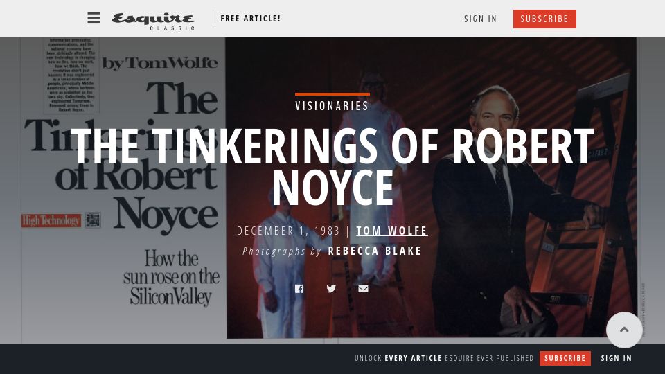 Screenshot of classic.esquire.com: The Tinkerings of Robert Noyce by Tom Wolfe (1983)