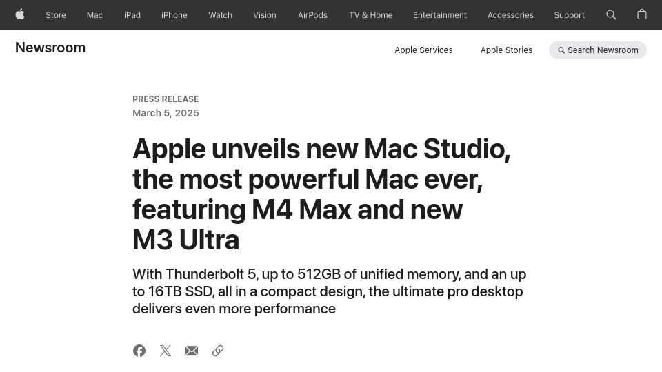 Screenshot of apple.com: Apple unveils new Mac Studio