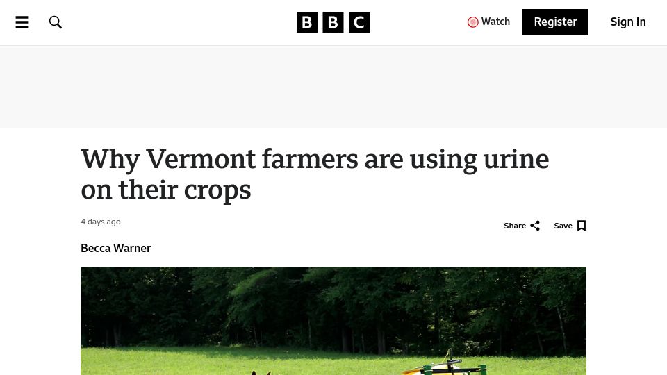 Screenshot of bbc.com: Why Vermont farmers are using urine on their crops