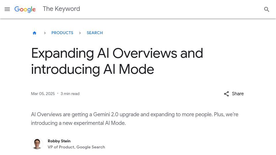 Screenshot of blog.google: Expanding AI Overviews and Introducing AI Mode