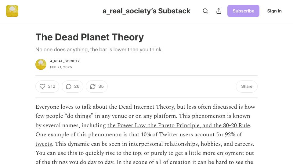 Screenshot of arealsociety.substack.com: The Dead Planet Theory