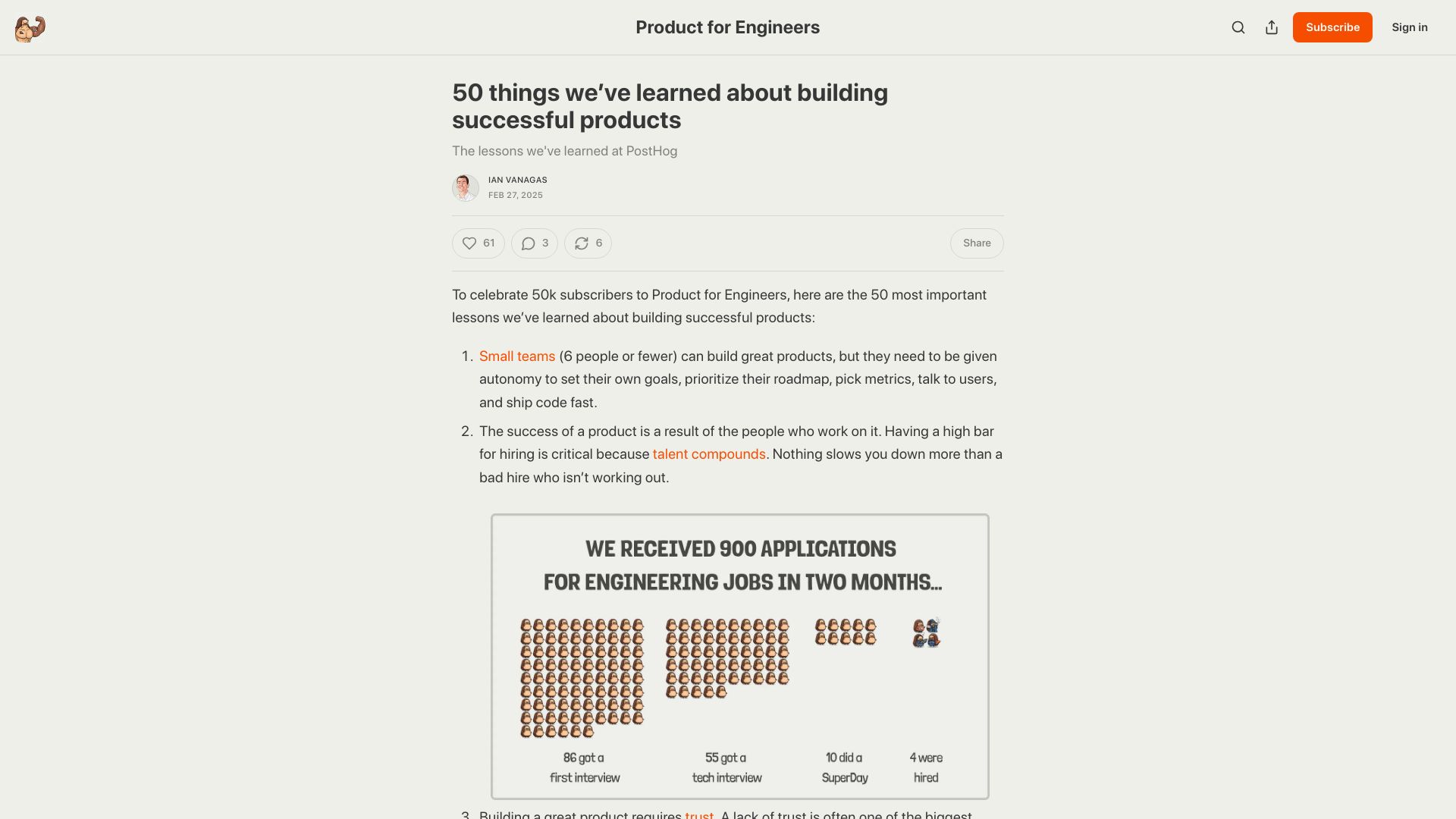 Screenshot of newsletter.posthog.com: Things we've learned about building products