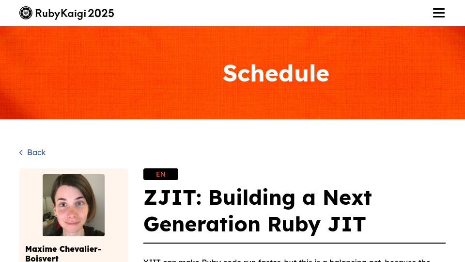 Screenshot of rubykaigi.org: ZJIT: Building a Next Generation Ruby JIT