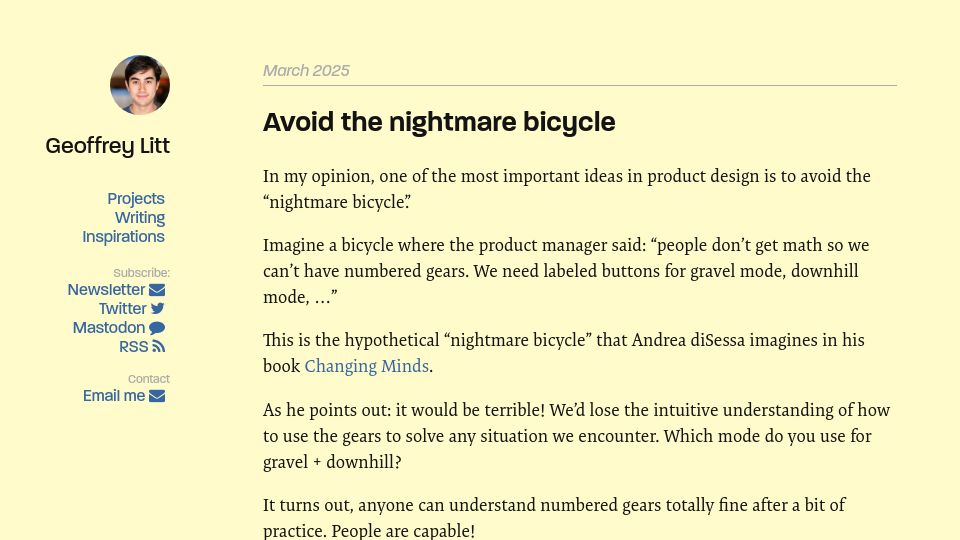 Screenshot of geoffreylitt.com: The Nightmare Bicycle