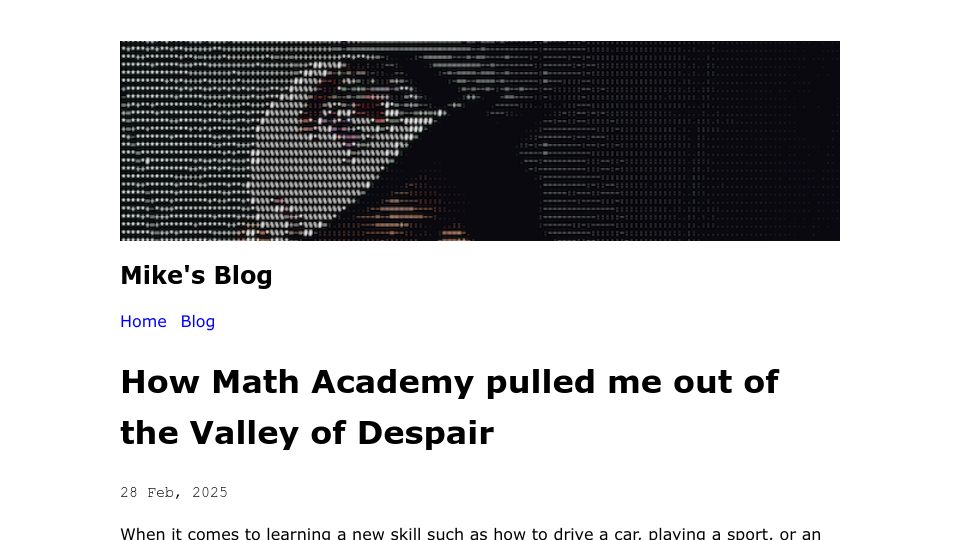 Screenshot of mikelikejordan.bearblog.dev: Math Academy pulled me out of the Valley of Despair