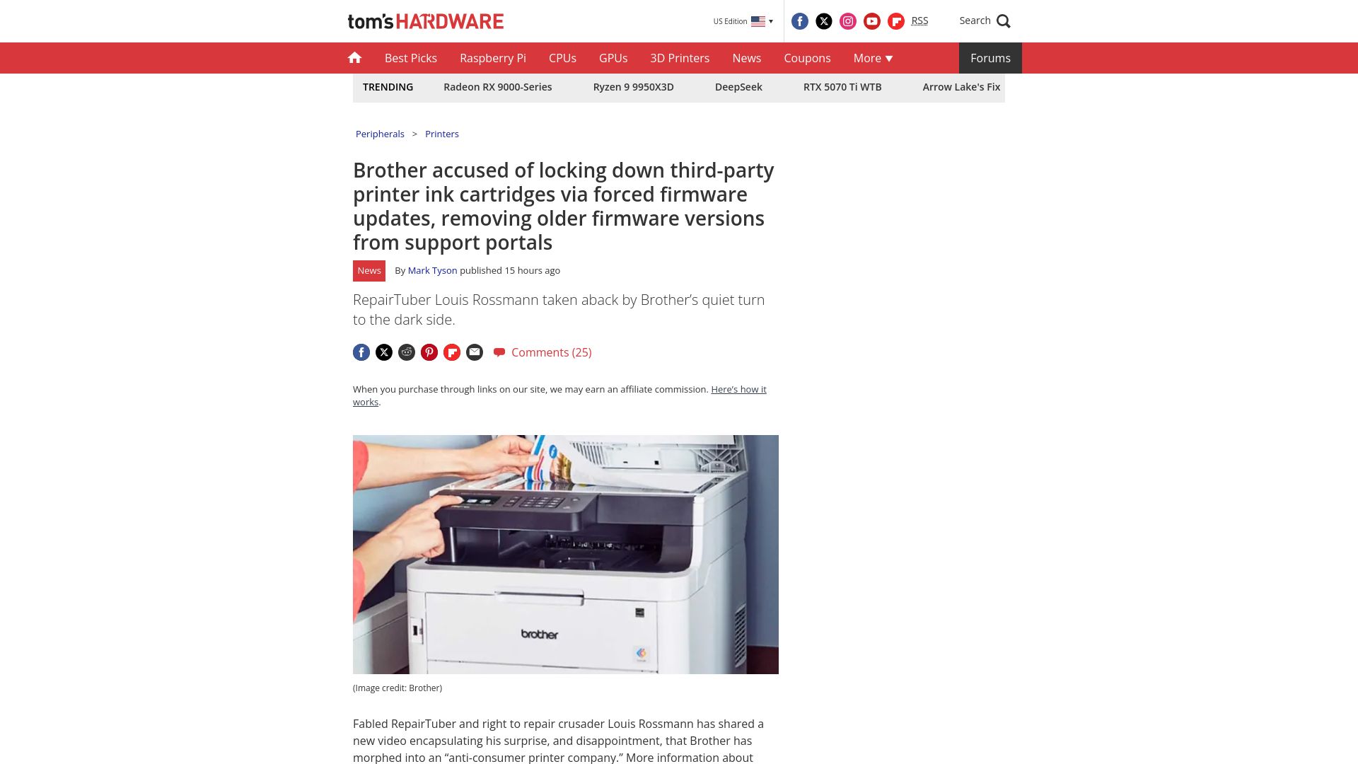 Screenshot of tomshardware.com: Brother accused of locking down third-party printer ink cartridges