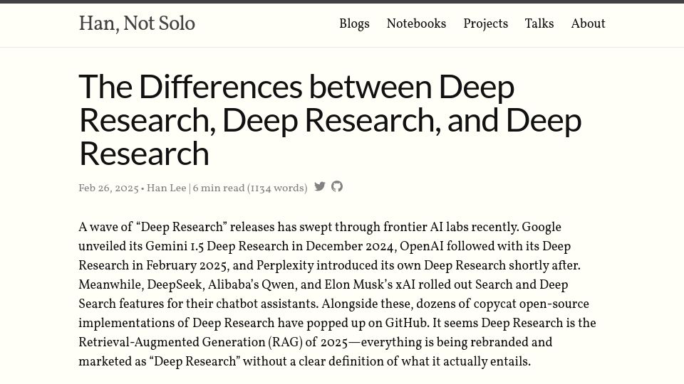 Screenshot of leehanchung.github.io: The Differences Between Deep Research, Deep Research, and Deep Research