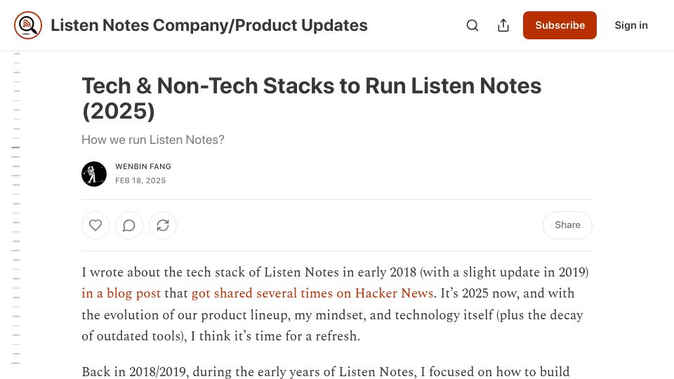 Screenshot of listennotes.fm: Tech and Non-Tech Stacks to Run Listen Notes (2025)