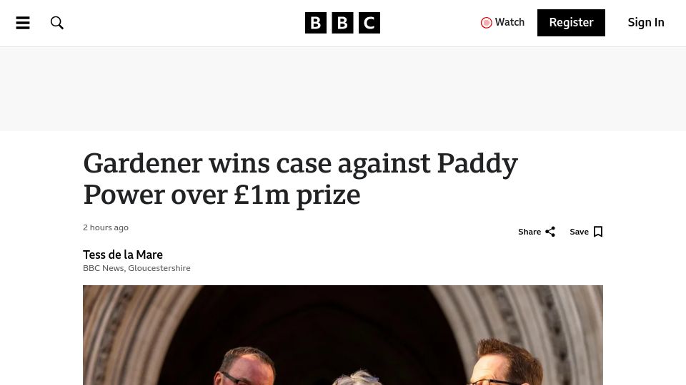 Screenshot of bbc.co.uk: Gardener wins £1M payout caused by software bug