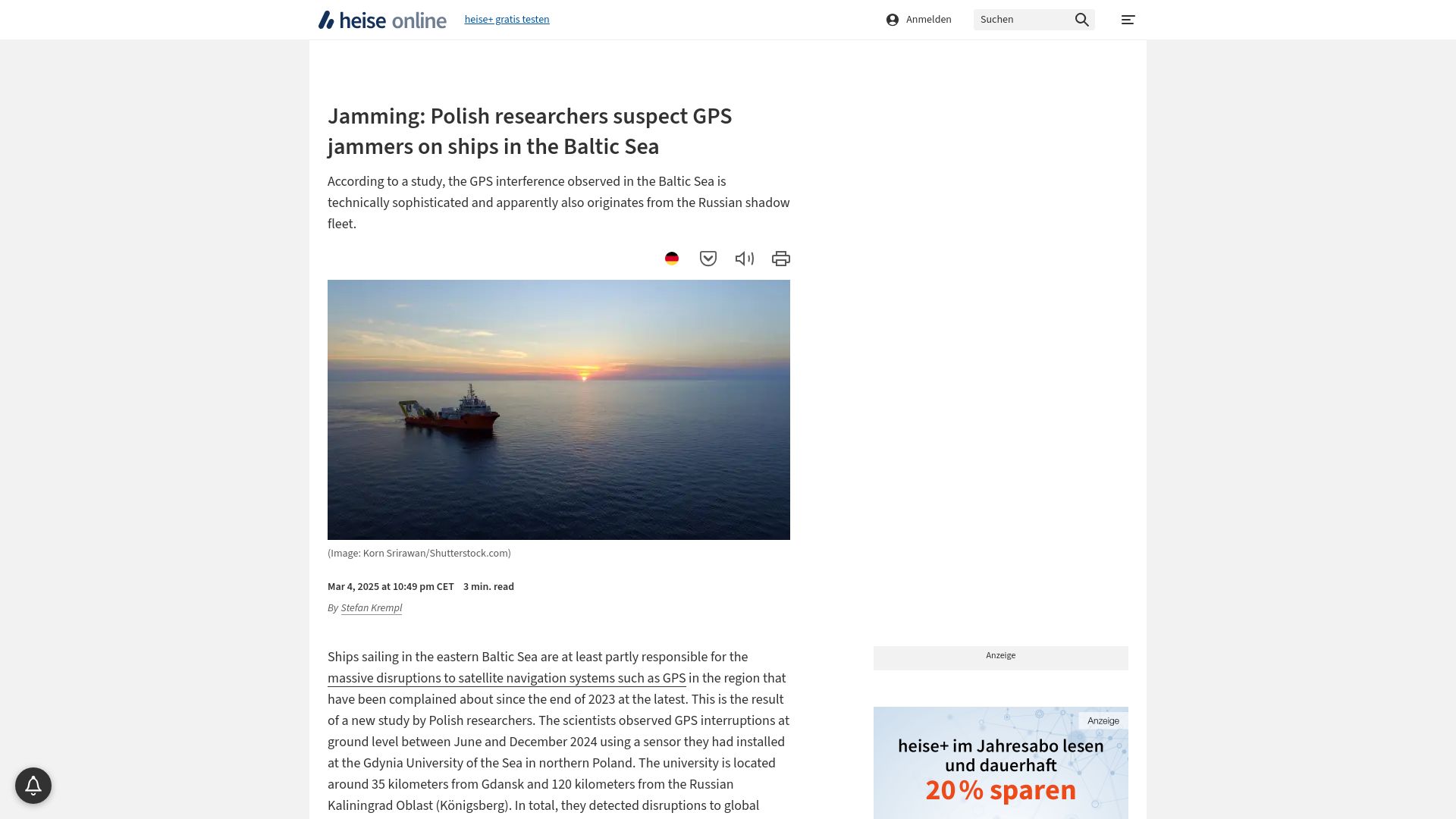 Screenshot of heise.de: Jamming: Polish researchers suspect GPS jammers on ships in the Baltic Sea