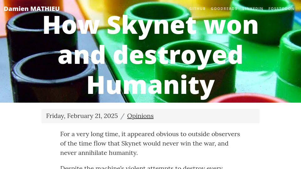 Screenshot of dmathieu.com: Skynet won and destroyed humanity