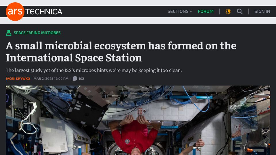 Screenshot of arstechnica.com: An small microbial ecosystem has formed on the International Space Station